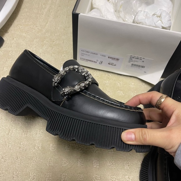 GUCCI Black Dionysus Cordovan Lux Tiger Head Loafers Leather moccasin 38 - Picture 2 of 5